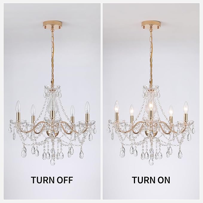 AMZASA Crystal Gold Chandelier, Glass Crystal Hanging Pendant Lighting, 5 Light French Country Gold Crystals Chandelier for Ceiling Medallions,Wedding,Dining,Kitchen, Foyer,Dia 20'' Golden