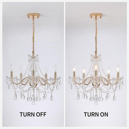 AMZASA Crystal Gold Chandelier, Glass Crystal Hanging Pendant Lighting, 5 Light French Country Gold Crystals Chandelier for Ceiling Medallions,Wedding,Dining,Kitchen, Foyer,Dia 20'' Golden