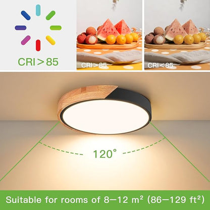 Modern LED Ceiling Light for Bedroom: Wood Flush Mount Light Fixture with Acrylic Lampshade - 3000K Not Dimmable Black Overhead Ceiling Lamps for Kitchen Hallway Living Room (11.8" 2 Pack)
