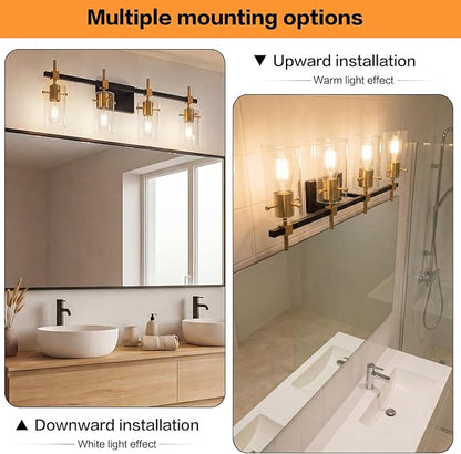 SOLFART Farmhouse Brass Bathroom Vanity Lights fixtures Over Mirror Vintage Bathroom Lighting Wall Sconce with Glass Shade 4 Lights