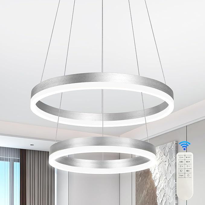 Modern Nickel Led Chandelier 2 Rings Dimmable LED Chandeliers with Remote Control Light Fixture for Kitchen Island Height Adjustable Chandelier Led Pendant Light for Living Room Dining Room