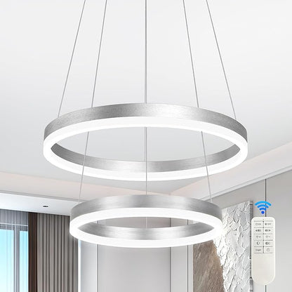 Modern Nickel Led Chandelier 2 Rings Dimmable LED Chandeliers with Remote Control Light Fixture for Kitchen Island Height Adjustable Chandelier Led Pendant Light for Living Room Dining Room