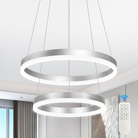Modern Nickel Led Chandelier 2 Rings Dimmable LED Chandeliers with Remote Control Light Fixture for Kitchen Island Height Adjustable Chandelier Led Pendant Light for Living Room Dining Room