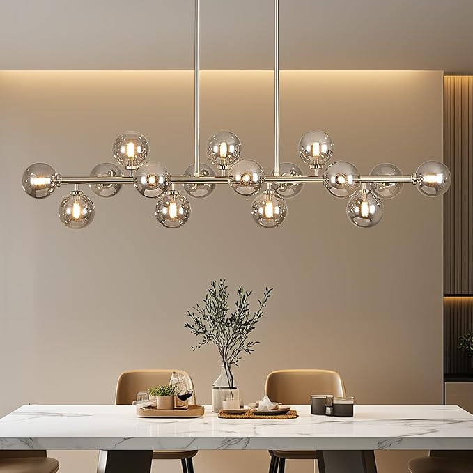 55" Long Chandeliers for Dining Room Kitchen Island, Large Globe Sputnik Linear Chandelier, 16 Lights Mid Century Modern Light Fixture Over Table, Nickel and Smoke Grey Bubble, GC-08