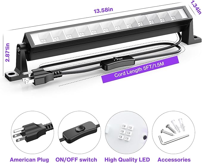 40W LED Black Light Bar for Glow Party, Blacklight with Plug &Switch, Each Light Up 484 Sq.ft Area, Halloween Glow Lights, Fluorescent Body Paint, Stage Lighting