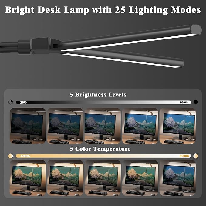 GAEFURY LED Desk Lamp for Home Office, 24W Bright Desk Lamp with Phone Holder Base - 25 Lighting Modes Eye-Caring Desk Light Adjustable Gooseneck Lamp for Workbench Drafting Reading Study
