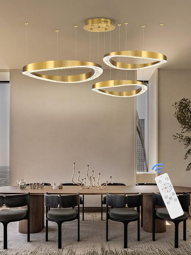 Flashing God Modern Gold Crystal Chandelier Lighting LED Dimmable Ceiling Light Fixture Contemporary Adjustable Stainless Steel 3 Rings Chandeliers Lights D16''+D24''+D32''