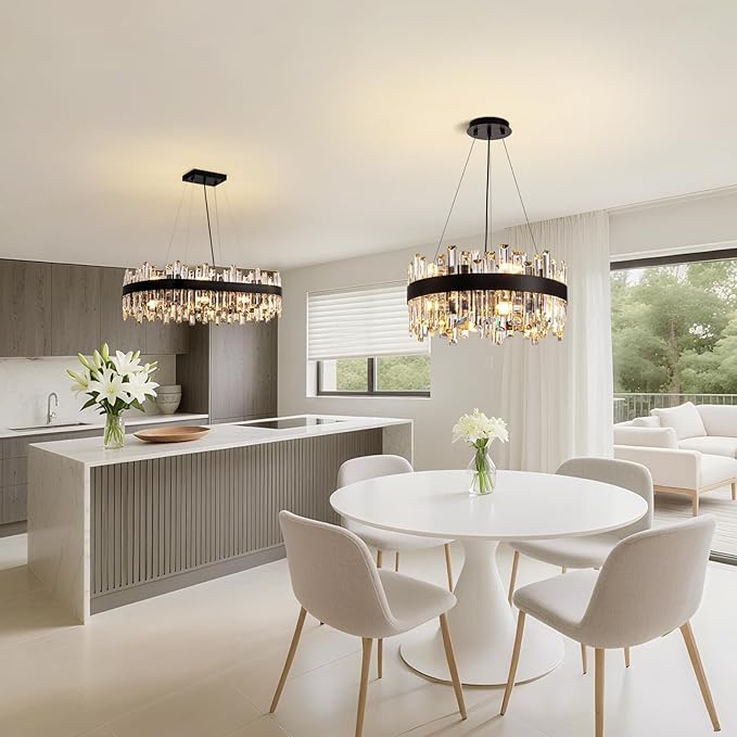 Modern Crystal Chandelier for Dining Room, 12-Light Luxury Black 2 Tiers Crystal Raindrop Chandelier, Contemporary Hanging Light Fixture for Living Room Entryway Foyer D19.7''