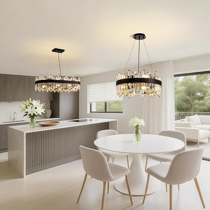 Modern Crystal Chandelier for Dining Room, 12-Light Luxury Black 2 Tiers Crystal Raindrop Chandelier, Contemporary Hanging Light Fixture for Living Room Entryway Foyer D19.7''