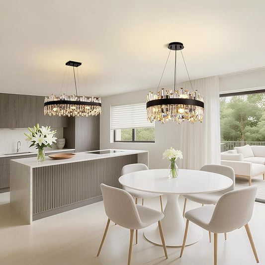 Modern Crystal Chandelier for Dining Room, 12-Light Luxury Black 2 Tiers Crystal Raindrop Chandelier, Contemporary Hanging Light Fixture for Living Room Entryway Foyer D19.7''