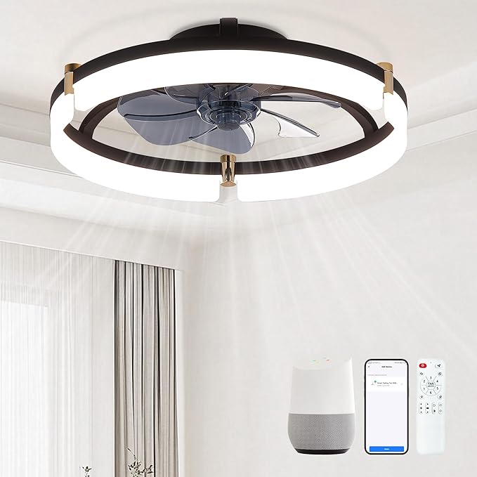 Smart Ceiling Fans with Lights Remote - 20'' WiFi Alexa Flush Mount Low Profile Modern Ceiling Fans for Bedroom - Stepless Color Temperature and 6 Speeds - Black