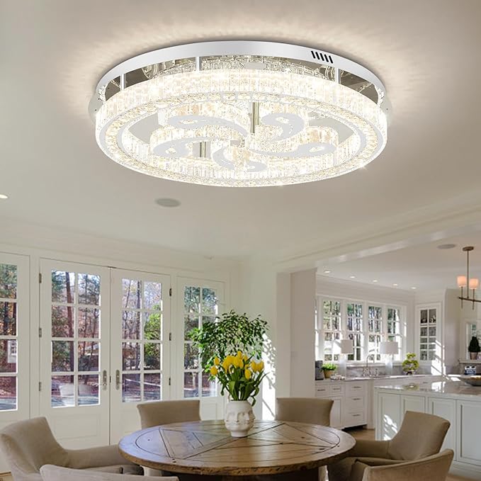 Modern Crystal Chandeliers for Dining Room Flush Mount Ceiling Chandelier for Living Room Dining Room Ring LED Crystal Ceiling Light (Round,32in Silver,Dimmable 2700K-6500K)