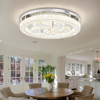 Modern Crystal Chandeliers for Dining Room Flush Mount Ceiling Chandelier for Living Room Dining Room Ring LED Crystal Ceiling Light (Round,32in Silver,Dimmable 2700K-6500K)