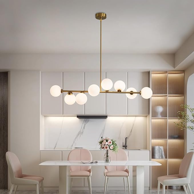 Brass Linear Chandelier, 8 Lights Modern Bubble Chandelier with White Glass Lampshade, Mid Century Globe Pendant Lights for Dining Room Kitchen Island - Gold