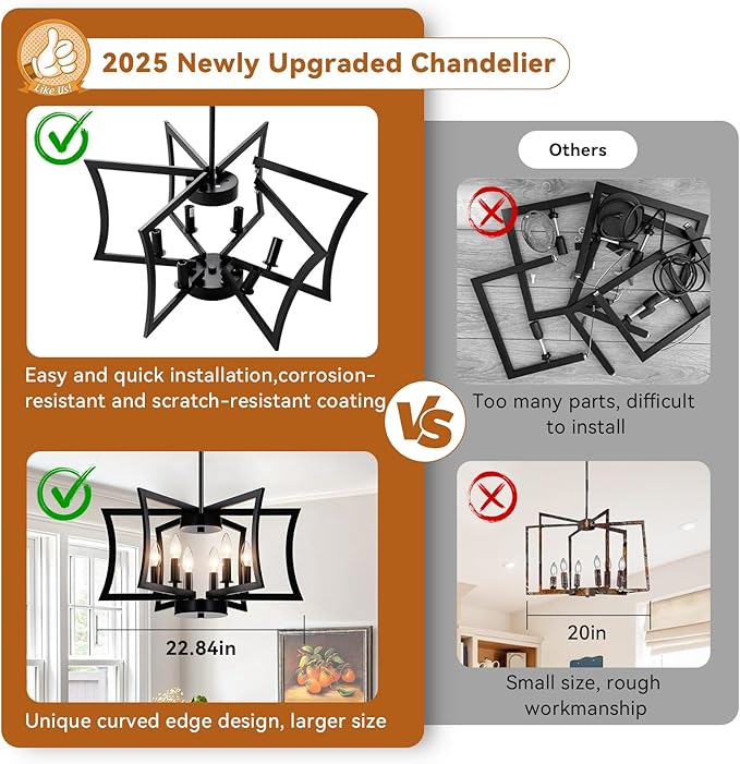 SIBRILLE 22.84" Black Metal Pendant Light, 6-Light Dining Room Light Fixture Modern Industrial Geometric Chandelier Lighting, Suitable for Villa Foyer, Kitchen Islands, and Farmhouse Living Rooms