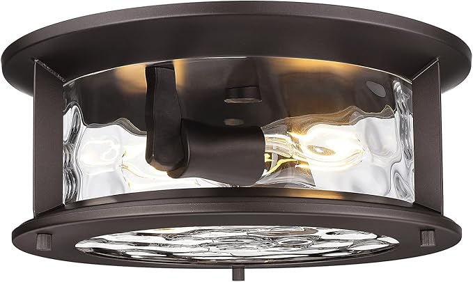 Emliviar Vintage Flush Mount Ceiling Light Fixture, 2-Light Farmhouse Close to Ceiling Mounted Lamp with Water Grain Glass for Kitchen, Oil Rubbed Bronze Finish, YE19108-F1 ORB-WG