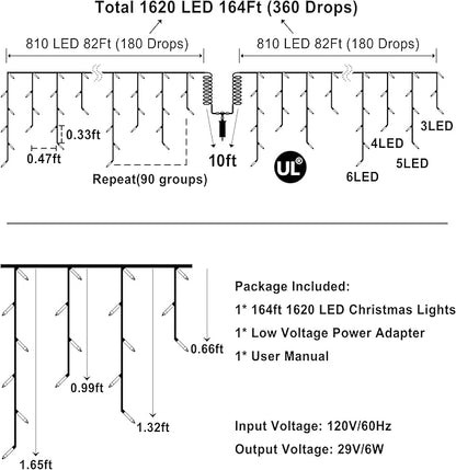 1620 LED Christmas Outdoor Lights with 360 Drops, 164ft Hanging Curtain Lights with 8 Modes Timer & Memory, Waterproof Christmas Fairy Lighs for House Roof Holiday Wedding ChristmasDecor (Blue)