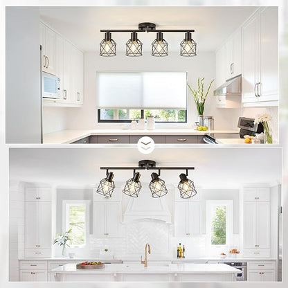 4-Lights Kitchen Track Lighting, Adjustable Multi-Directional Ceiling Light Fixtures, Rotatable Farmhouse Light Fixtures Mount with Metal Cage for Dining Room, Living Room, Bedroom, E26 Base