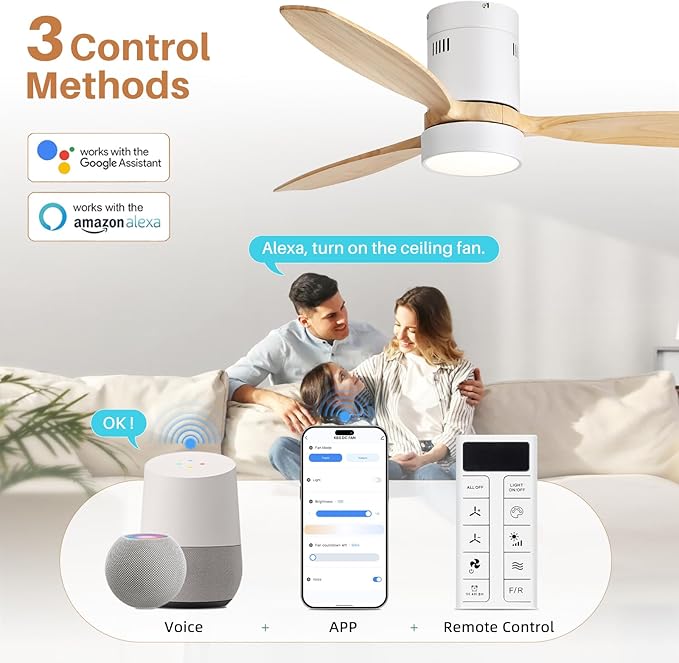 Sofucor 52 Inch Smart Ceiling Fans with Light and Remote-Modern Smart Solid Wood Ceiling Fan with Alexa/Google/APP/Remote Control for Bedroom Living Room Indoor Outdoor Patio,Qiute DC Motor,White&Wood