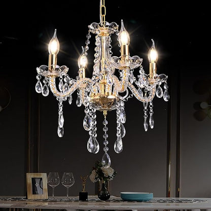 MALOSA Small Gold Crystal Chandeliers,Classic 4 Lights Mini Chandelier,Antique Candle Glass Chandelier for Dining Room,Girls Bedroom,Living Room