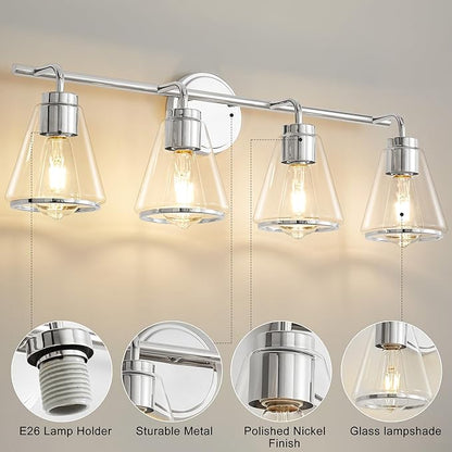 Polished Nickel Bathroom Light Fixtures 4 Light Bathroom Vanity Lights Over Mirror with Clear Glass Shade, 30 Inch Vanity Lights for Bath-Room Modern Wall Sconce Lighting (Exclude E26 Bulb)
