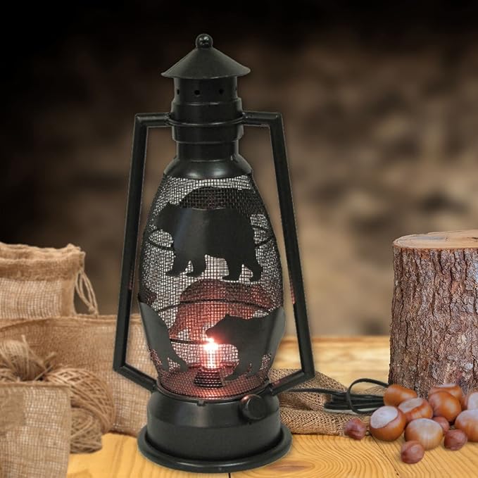 BestGiftEver Rustic Bear Lantern Table Lamp – Vintage Metal Nightlight with Electric Cord – Cabin, Lodge, Woodland Décor