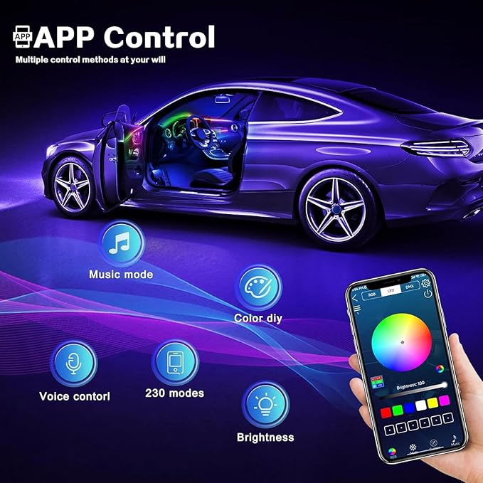Dreamcolor Acrylic Interior Car LED Strip Light with Wireless APP, RGB 18 in 1 with 175 inches 593 LEDs Fiber Optic Strip Lights for Car, Dynamic Chasing Music Sync Neon Car Ambient Lighting Kits