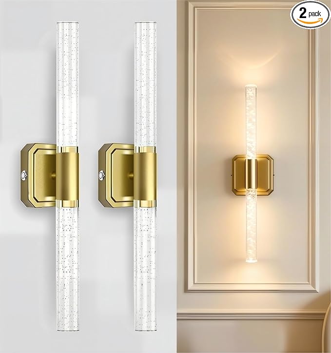 HISTAR Battery Operated Wall Sconce Set of 2, 10000mah Rechargeable Gold Crystal Wall Sconce, 3 Colors 360° Rotate Wireless Wall Scone Decor for Bathroom Bedroom Living Room, 20.5 Inch