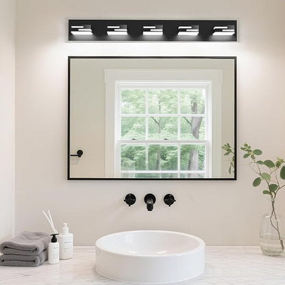 LED Modern Bathroom Vanity Light Fixtures, 5-Light 34-inch Dimmable Matte Black Vanity Lights for Bathroom Lighting Fixtures Over Mirror, with 360° Rotatable Acrylic Heads (Cool White 6000K)