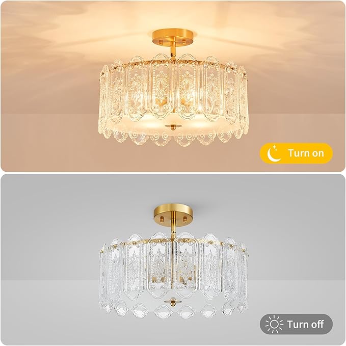 4-Lights Luxury Glass Chandelier, Mid-Century Modern Style for Dining Room, Living Room, Bedroom, D16.5'' × H10.6'', Adjustable Height (10.6"~51.4"), Gold Finish Frame & Figured Glass Shade