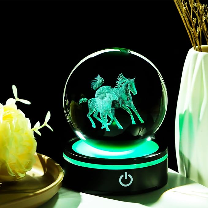 YWHL 3D Horse Figurine Crystal Ball with Colorful Light Base, Glass Horse Gifts for Women Girls on Birthday Christmas, Laser Engraved Horses Statue Sphere Decor for Home Office(80mm)