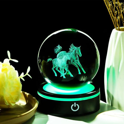 YWHL 3D Horse Figurine Crystal Ball with Colorful Light Base, Glass Horse Gifts for Women Girls on Birthday Christmas, Laser Engraved Horses Statue Sphere Decor for Home Office(80mm)