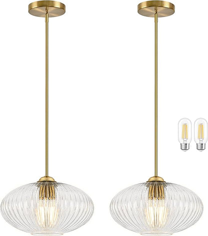 10" Clear Glass Modern Pendant Light Kitchen Island 2 Pack Brushed Gold Mid Century Modern Pendant Lighting with Clear Glass Hanging Pendant Light for Dining Room（Bulb Incl.）
