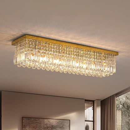 7PM Rectangular Chandelier, Modern Dining Room Light Fixture with Raindrop Chandelier Crystals, 8 Lights Flush Mount Rectangle Chandelier for Dining Room Living Room, L40” x W10” x H10” Gold