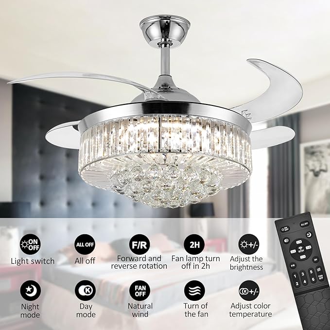 36" Invisible Ceiling Fan Chandelier Light,Modern Crystal Ceiling Fan Light Remote Control 4 Retractable ABS Blades for Bedroom Living Room Dining Room Decoration (Silver)