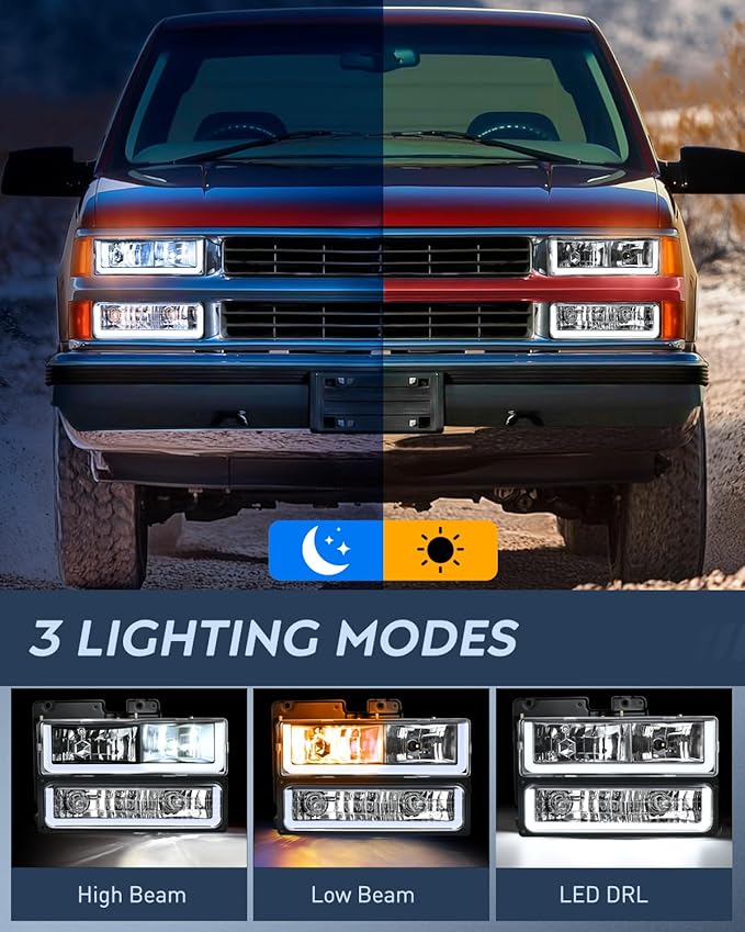 Nilight DRL Headlight Assembly Compatible with 1988 1989 1990 1991 1992 1993 1994 1995 1996 1997 1998 Chevrolet GMC C10 C/K 1988-1999 Silverado Suburban Sierra Blazer Tahoe Yukon Chrome Housing