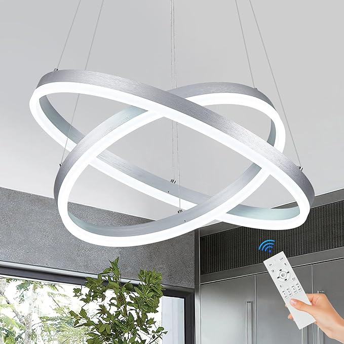 Modern LED Chandelier Silver 2-Rings Pendant Light Circular Flush Mount Ceiling Chandelier Lighting with Remote Control for Bedroom Living Room Dining Room Entrance, 3000K-6500K