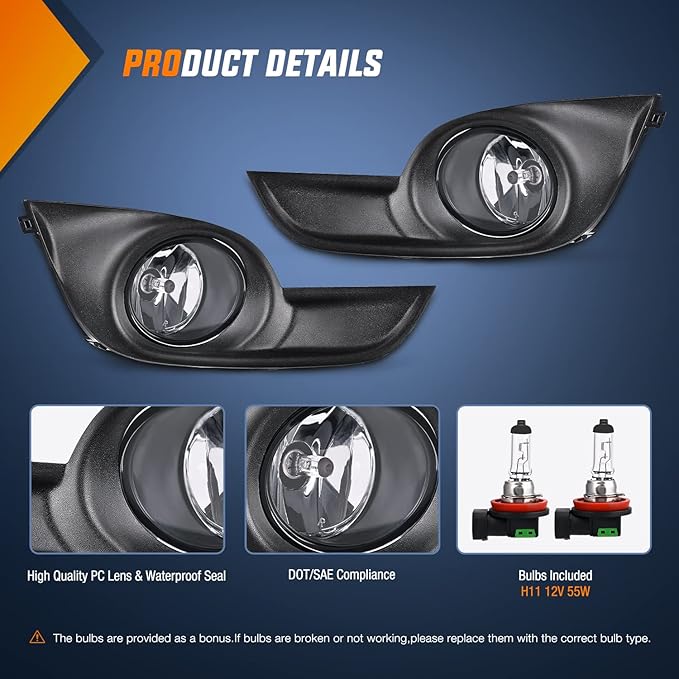 Nilight Fog Light Assembly Compatible with 2013 2014 2015 Nissan Altima Clear Lens w/H11 12V 55W Bulbs