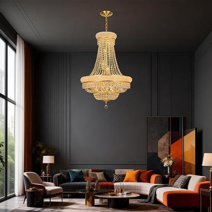 Crystal Chandeliers for Dining Room Light Fixture，Empire Style K9 Crystal Chandeliers for Entryway，18 Lights Gold Luxury Lighting Fixtures for Living Room Bedroom Foyer Hallway D26 Inch