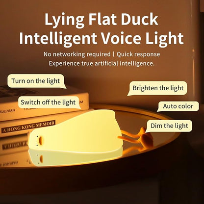 HAPPYBAG Cute Lying Flat Duck Night Light,Voice Control Fun Duck Lamp,LED Squishy Duck Light Soft Silicone Dimmable Nursery Nightlight Rechargeable Bedside Touch Lamp Baby Kids Room Decor