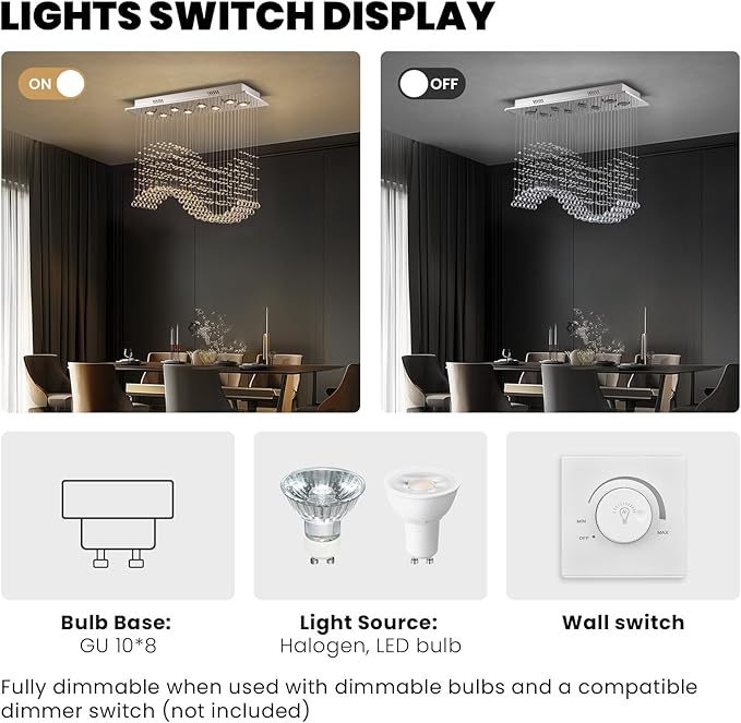 Rectangular Wave Raindrop Chandelier, Flush Mount Crystal Chandelier, Rectangle Pendant Ceiling Light Fixture for Dining Room,Kitchen Island, Living Room, L31.5×W11.8×H32.3