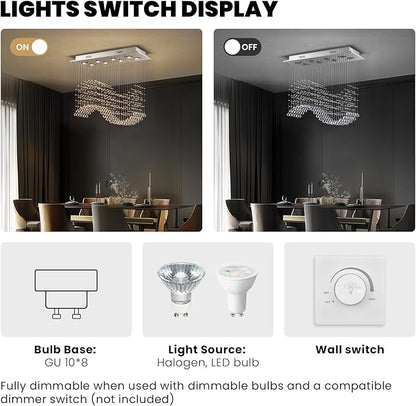 Rectangular Wave Raindrop Chandelier, Flush Mount Crystal Chandelier, Rectangle Pendant Ceiling Light Fixture for Dining Room,Kitchen Island, Living Room, L31.5×W11.8×H32.3