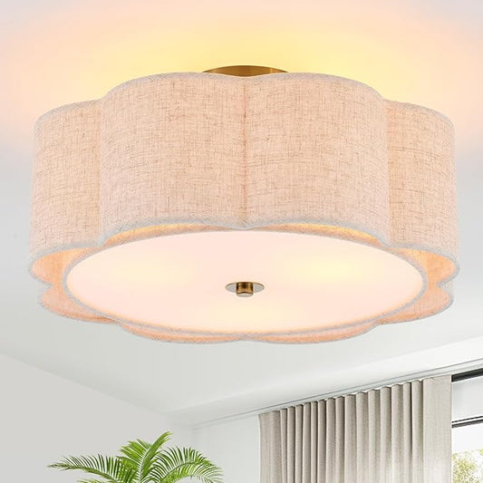 Semi Flush Mount Ceiling Light, Beige Linen Fabric Shade Ceiling Light, Golden Modern Farmhouse Close to Ceiling Light for Bedroom, Hallway, Living Room, Dining Room, Laundry Room