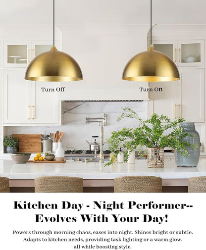 Gold Pendant Lights Kitchen Island 2 Pack, 14 Inch Gold Dome Pendant Light, Large Kitchen Pendant Light, Island Pendant Lights for Kitchen, Dining Room, Cafe