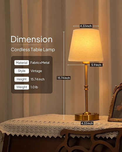 EppieBasic Cordless Table Lamp Rechargeable: Fast Charging & Long Lasting - 2700K Warm Light Small Vintage Gold Lamps - Dinning Living Room Bedroom - Beige Shade