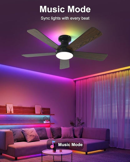 42 Inch Ceiling Fan with Lights, RGB Ceiling Fan with Light, App & Remote Control, Flush Mount Low Profile, Reversible, 3CCT, Dimmable LED, Noiseless, Black Ceiling Fan for Bedroom