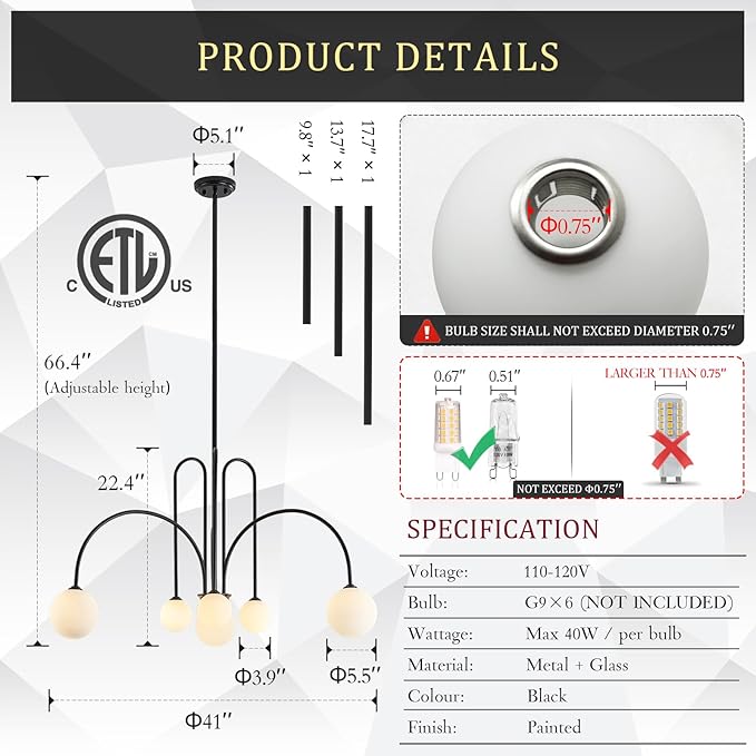CATINER Modern Black Chandelier 6 Lights Sputnik Chandelier for Dining Room Large L40” Mid Century Ceiling Pendant Light Fixtures with Withe Glass Globe Shades for Foyer Bedroom
