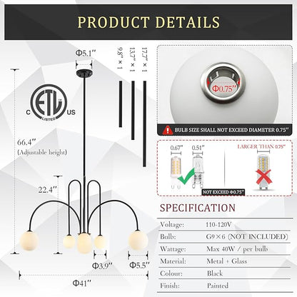 CATINER Modern Black Chandelier 6 Lights Sputnik Chandelier for Dining Room Large L40” Mid Century Ceiling Pendant Light Fixtures with Withe Glass Globe Shades for Foyer Bedroom