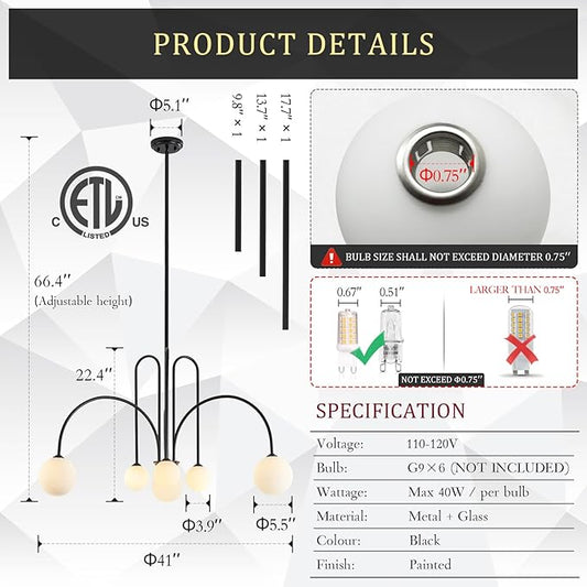 CATINER Modern Black Chandelier 6 Lights Sputnik Chandelier for Dining Room Large L40” Mid Century Ceiling Pendant Light Fixtures with Withe Glass Globe Shades for Foyer Bedroom