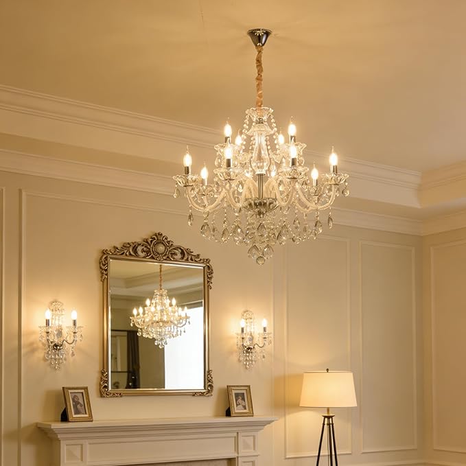 Modern Clear Crystal Chandelier For Dinning Room Light Fixtures K9 Crystal Candle Ceiling Lighting Modern Transparent Crystal Lamp12-light For Living Room Bedroom Lobby Foyer (Clear 12 lights)